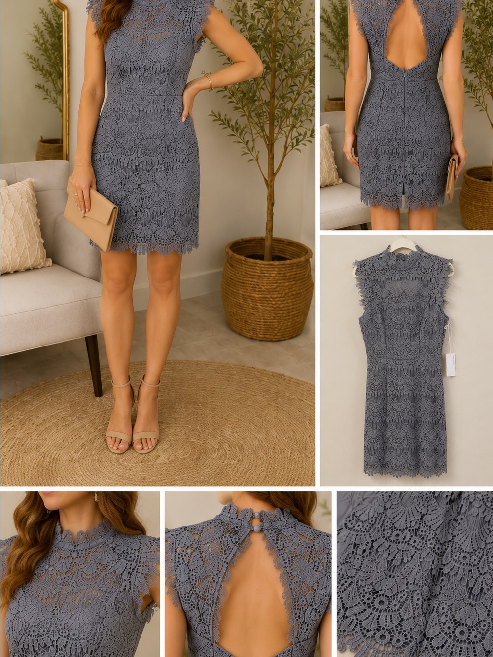 Sleeveless Lace Sheath Dress in Dusty Blue - Elegant Open Back